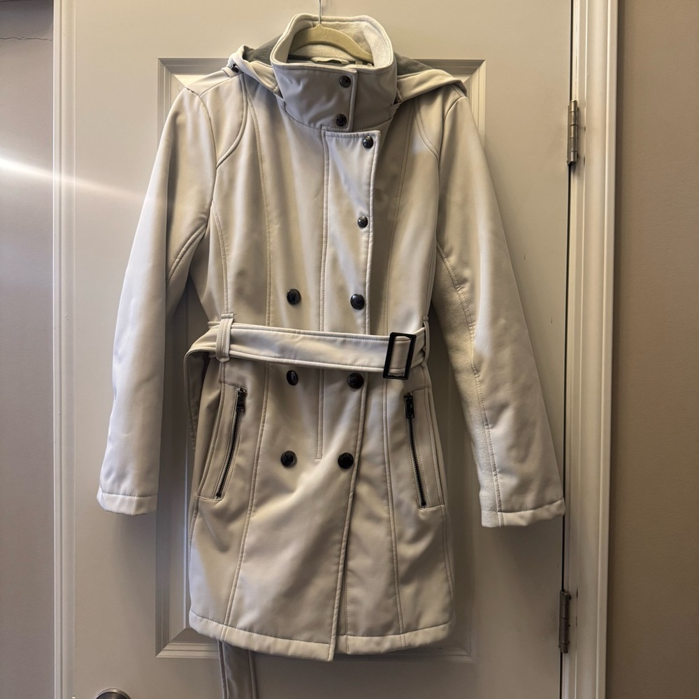 Calvin Klein Beige Softshell Trench Coat PXL Belted Hooded Water Resistant